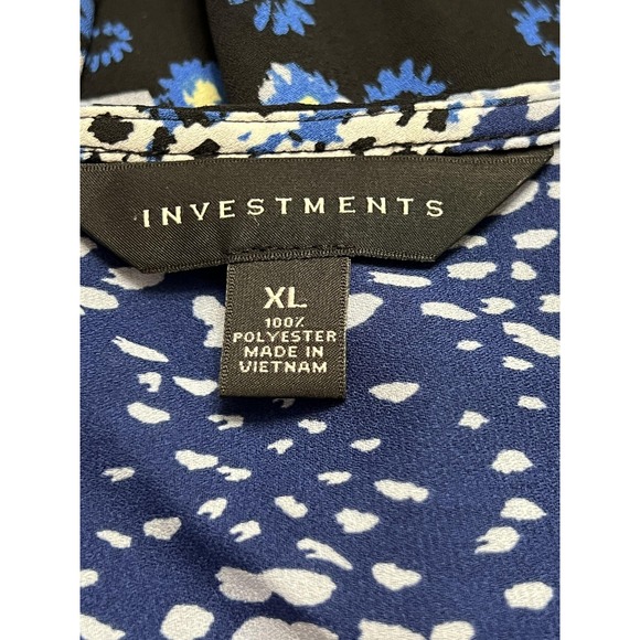Investments Blouse Womens XL Blue Mixed Floral Zebra Button Front‎ Tie Sleeve - Picture 2 of 14